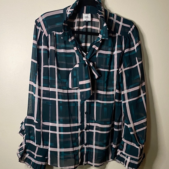 CAbi Teal and Pink Plaid Blouse with Tie Neck and Ruffles - Picture 4 of 7
